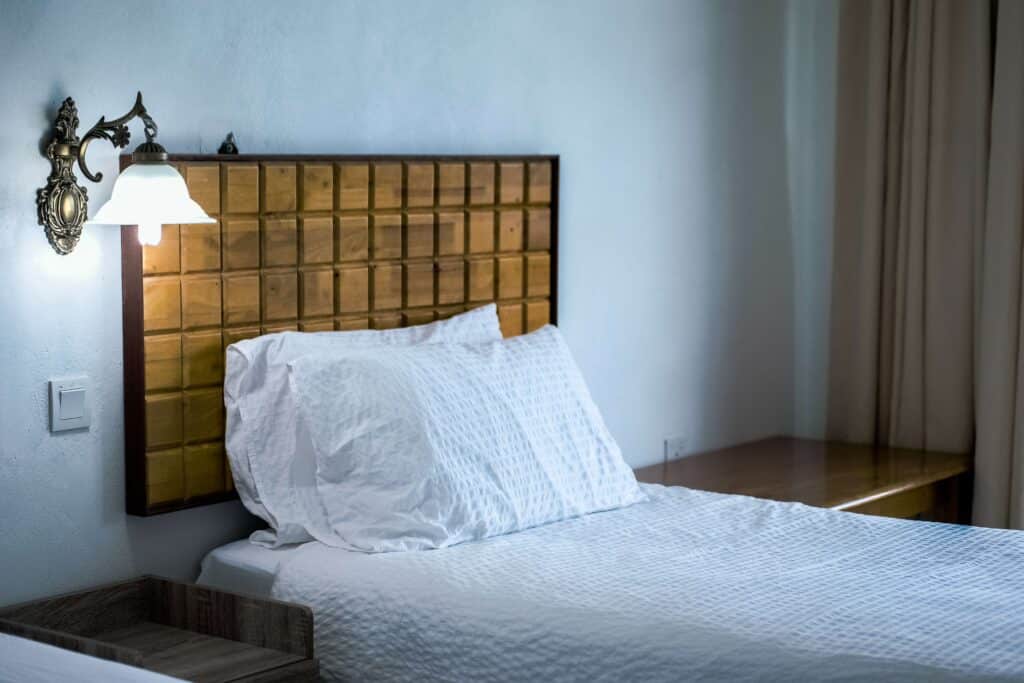 a comfortable bed in a mountain cabin